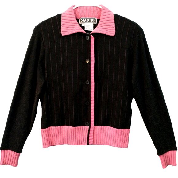 Carlisle Women's Cardigan Silk Cashmere Blend Gray Pink Pinstripe Sweater- Large - Picture 1 of 9